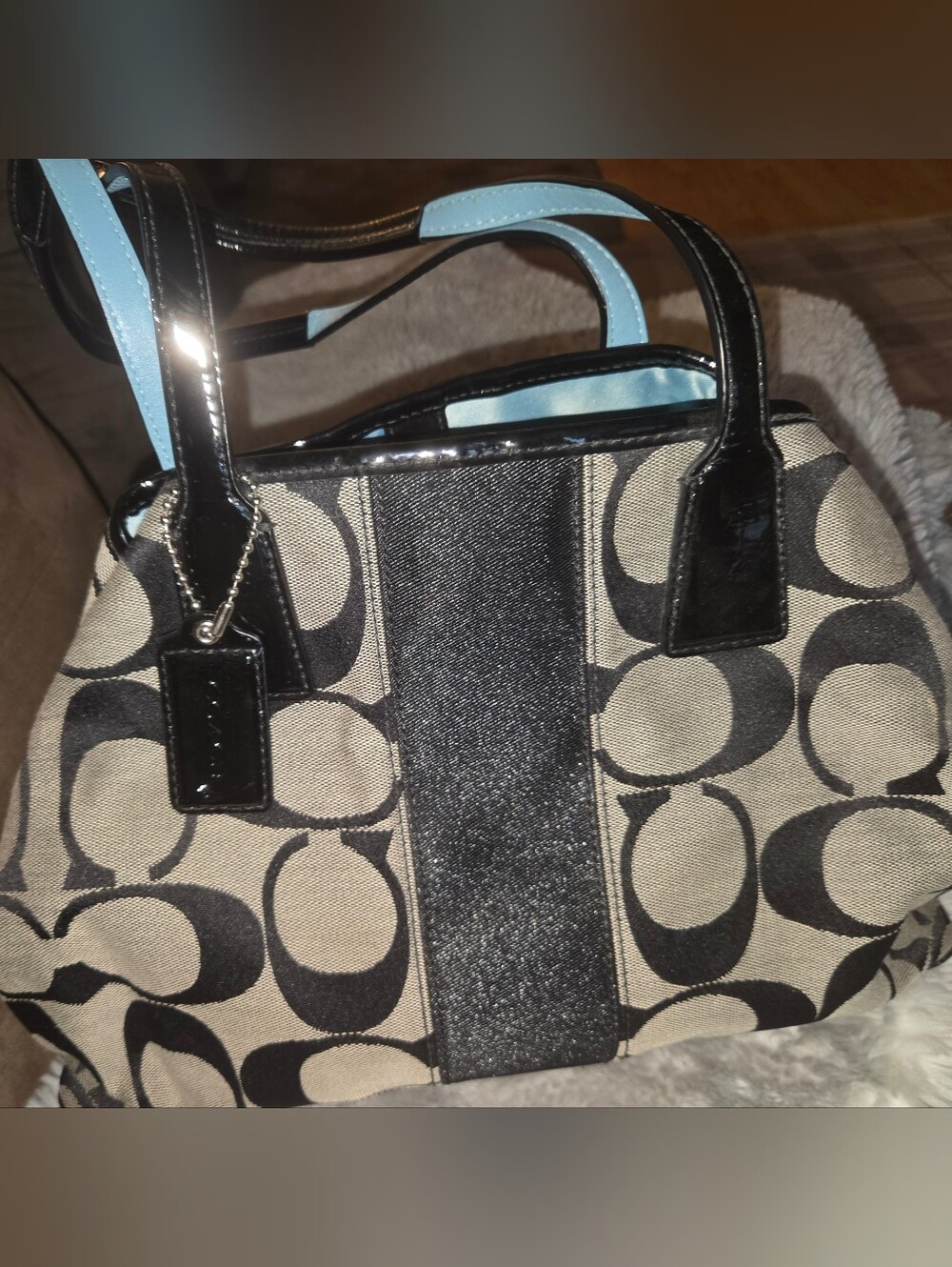 Coach Gray and Black Signature Canvas Tote with Light Blue Interior